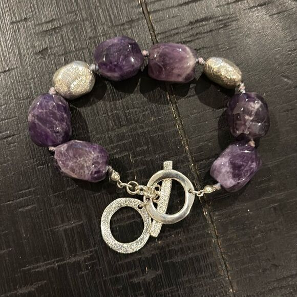 Amethyst Textured Silver Beads Knotted Beaded Toggle Bracelet Classy - Picture 1 of 8